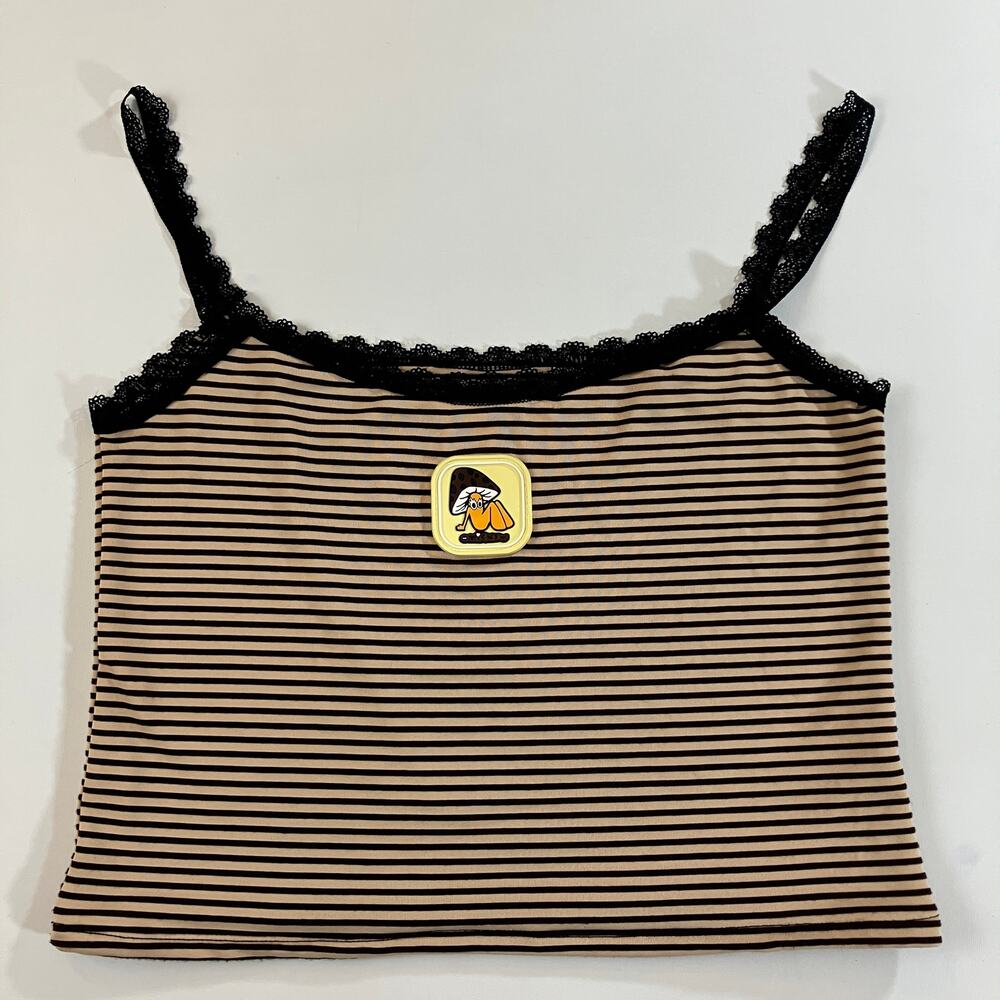 O-Mighty Women's XL Mushroom Striped Lace Trim Cami Tank Top Beige Black